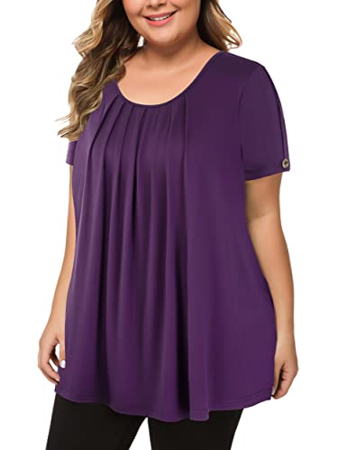 MANER Women's Plus Size Tops Short Sleeve Flowy Shirts Casual Blouses Tunic Tops L-4XL(Purple, XXX-Large)