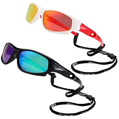 COASION Kids Sports Polarized Sunglasses with Strap 2 Pack Mirrored Glasses Shades for Boys Girls Age 4-12 (Black/Green Mirror+White-Red/Orange Mirror)