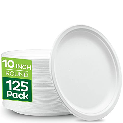 100% Compostable 10 Inch Heavy-Duty [125-Pack] Eco-Friendly Disposable White Bagasse Plate, Made of Natural Sugarcane Fibers - 10' Biodegradable Paper Plates by Stack Man
