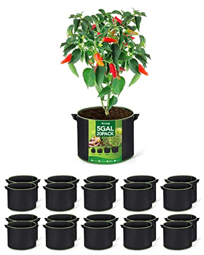 ACSTEP Grow Bags 20 Pack 5 Gallon Heavy Duty Aeration Fabric Pots Thickened Nonwoven Fabric Pots Plant Grow Bags with Handles