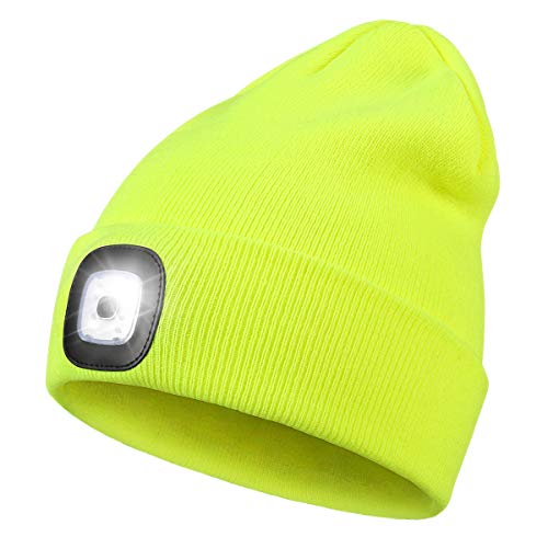 LED Beanie with Light,Unisex USB Rechargeable Hands Free 4 LED Headlamp Cap Winter Knitted Night Lighted Hat Flashlight Women Men Gifts for Dad Him Husband Fluorescent Yellow