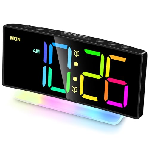 Extra Loud Alarm Clock for Heavy Sleepers Adults,Teens,Kids,Rainbow Clock for Bedrooms,Small Smart Bedside Digital Clock with Large Display,7 Color Night Light,12/24h(Black+Dynamic)
