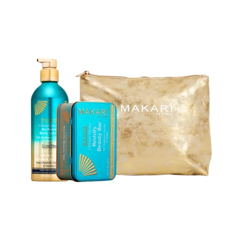 MAKARI Blue Crystal 2 Piece Gift Set & Free Makeup Bag - Brightening Bar Soap & Body Lotion Formulated with Glutathione for All Skin Types, Botanical Self Care Kit for Women