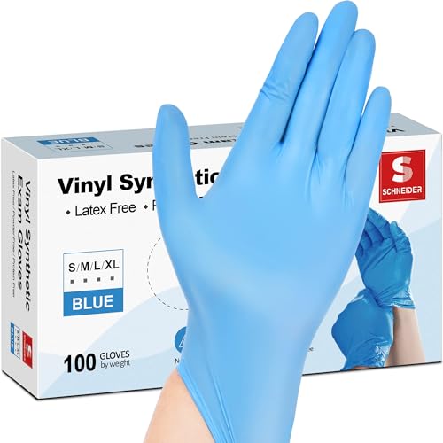 Schneider Blue Vinyl Synthetic Exam Gloves, Medium, Box of 100, 4-mil, Powder-Free, Latex-Free, Non-Sterile, Disposable Gloves