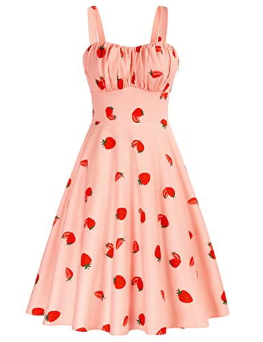 Vintage Dress for Women 1950s Pink A-Line Sundresses Summer Flowy Midi Beach Dress Strawberry Dress Large
