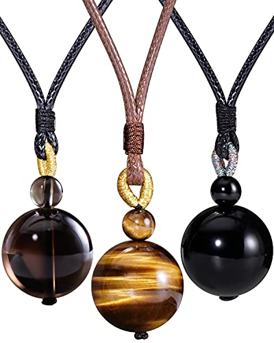 Jewever 3Pcs Yellow Tiger eye/Smoky Quartz/Obsidian Pendant Necklace Simple  Adjustable Wealth Gemstone Healing Crystal 18mm Beads Unisex