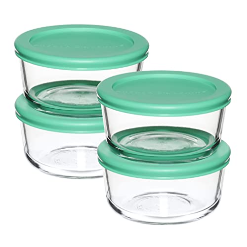 Anchor Hocking 2 Cup Glass Storage Containers with Lids, Set of 4 Glass Food Storage Containers with Mint SnugFit Lids