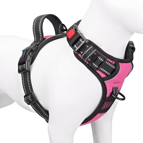 PHOEPET No Pull Dog Harness Medium Reflective Front Clip Vest with Handle,Adjustable 2 Metal Rings 3 Buckles,[Easy to Put on & Take Off](M, Pink)