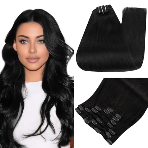 Full Shine Jet Black Clip in Hair Extensions Remy Hair Extensions Clip in Human Hair Color 1 Natural Hair Clip in Extensions for Thin Hair 7 Pieces 24 Inch Black Hair Extensions