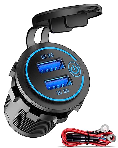 Qidoe 36W Dual QC3.0 USB Power Charger Socket, Waterproof 12V USB Outlet with Touch Switch Car USB Port for RV Motorcycle Boat Marine Truck Golf Cart