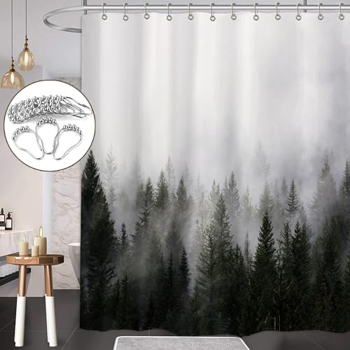 ORTIGIA Misty Forest Shower Curtains,Nature and Woodland Shower Curtain,Fantasy Fog Magic Winter Tree Bath Curtain for Bathroom,Waterproof Polyester Fabric 72' Wx72 L-with Hooks