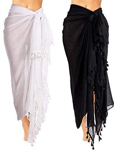 2 Pieces Women Beach Batik Long Sarong Swimsuit Cover up Wrap Pareo with Tassel for Women Girls (Black, White, X-Large)