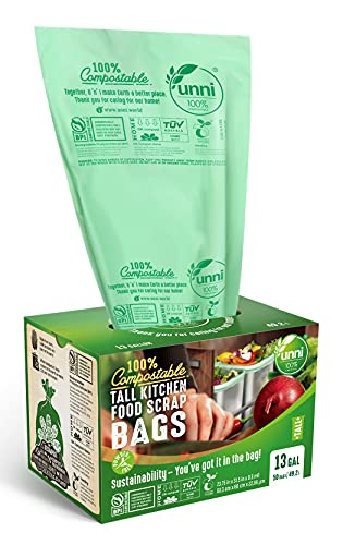 UNNI Compostable Liner Bags, 13 Gallon, 49.2 Liter, 50 Count, Heavy Duty 0.85 Mil, Tall Kitchen Food Scrap Waste Bags, ASTM D6400, US BPI, CMA and Europe OK Compost Home Certified, San Francisco