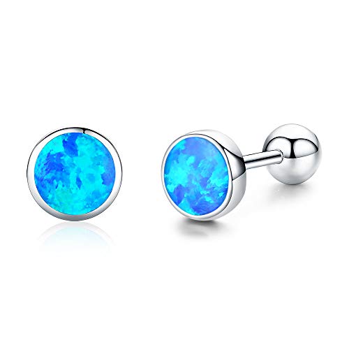 TANGPOET Blue Opal Screw Back Earrings for Women 925 Sterling Silver Cute Hypoallergenic Twist Studs for Sensitive Ears Mother's Day Birthday Gifts for Teenage Ladies