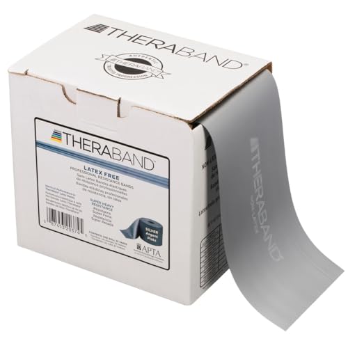 THERABAND Resistance Band 25 Yard Roll, Super Heavy Silver Non-Latex Professional Elastic Bands For Upper & Lower Body Exercise, Physical Therapy, Pilates, & Rehab, Dispenser Box, Advanced Level 2