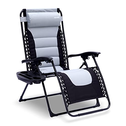SereneLife Outdoor Adjustable and Foldable Padded Zero Gravity Lawn Chair - Adjustable Recliner with Removable Plastic Cup Holder Side Table and Pillow, Gray and Black