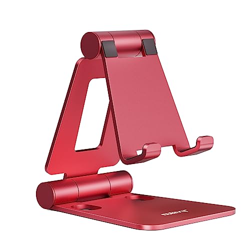Nulaxy Dual Folding Cell Phone Stand, Fully Adjustable Foldable Desktop Phone Holder Cradle Dock Compatible with Phone 15 14 13 12 11 Pro Xs Xs Max Xr X 8, Nintendo Switch, All Phones - Red