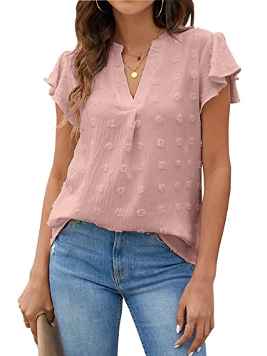 Blooming Jelly Womens White Blouse V Neck Ruffle Sleeve Flowy Shirts Dressy Casual Cute Summer Tops(Medium, Pink)