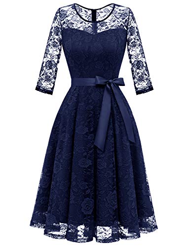 Dressystar DS0017 Women's Elegant Floral Lace Dress 3/4 Sleeves Bridesmaid Dresses with Illusion Neckline Navy S