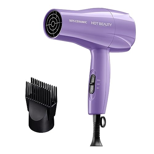 Hot Beauty 1875 Ceramic Hair Dryer, Powerful Fast Drying, Multi-Setting with Comb Attachment, Additional Detangler Included, Slide Bar Switch, Compact for Home & Travel (Purple)