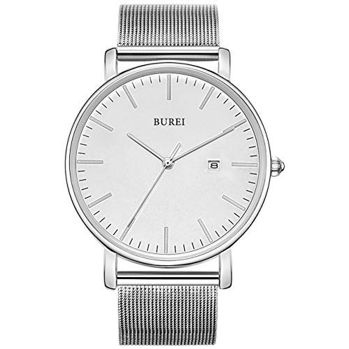 BUREI Men's Watch Ultra Thin Analog Quartz Wrist Watch Date Calendar Stainless Steel Mesh Band (All Silver with White Face)