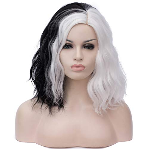 Mildiso Black and White Cruella Deville Wig for Women Cruella Deville Costume Short Curly Wavy Hair Wig Cute Soft Wigs for Costume Party M058C