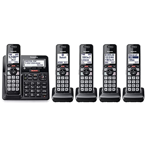 Panasonic Cordless Phone with Advanced Call Block, Link2Cell Bluetooth, One-Ring Scam Alert, and 2-Way Recording with Answering Machine, 5 Handsets - KX-TGF975B (Black with Silver Trim)