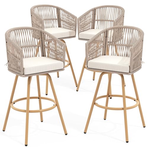 YITAHOME Set of 4 Outdoor Bar Stools, Rattan Wicker Swivel Patio Bar Chairs, Counter Height Barstool with Soft Cushions, Back and Footrest, Outdoor Furniture for Backyard Garden Pool Balcony, Gold