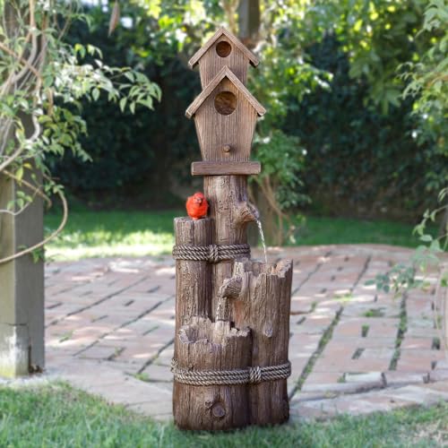 Alpine Corporation WCT1002 Outdoor Floor 3-Tiered Log and Branch Waterfall Fountain and Birdhouse, 35', Brown