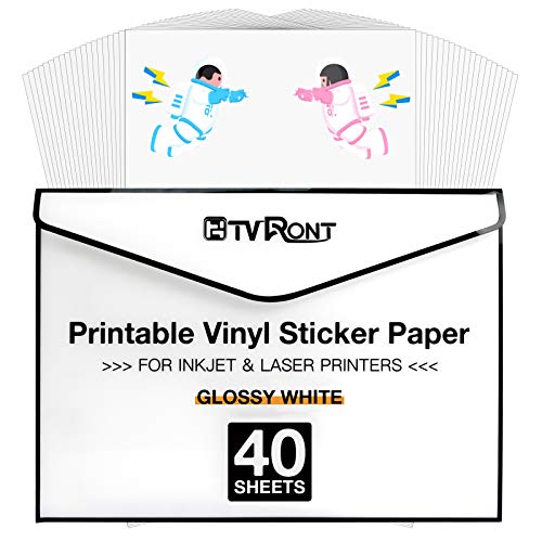 HTVRONT Printable Vinyl for Inkjet Printer & Laser Printer - 40 Pcs Glossy White Inkjet Printable Vinyl Sticker Paper, 8.5'x11'