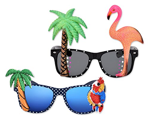 PLAY BLING 2 Pieces Hawaiian Tropical Novelty Sunglasses Flamingo Parrot Tree Party Glasses Eyewear for Fancy Dress