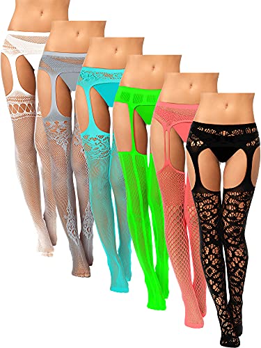 6 Pairs Women Fishnet Thigh-High Stockings Tights Suspender Pantyhose Stockings for Women Girls (White, Grey, Carmine, Light Blue, Fluorescent Green, Black,Medium-large)