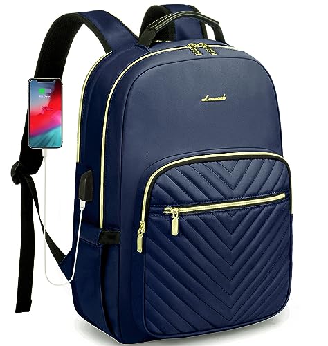 LOVEVOOK Laptop Backpack Purse for Women, Work Business Travel Computer Bags, College Nurse Backpack for Womens, Quilted Casual Daypack with USB Port, Fit 15.6 Inch Laptop, Navy