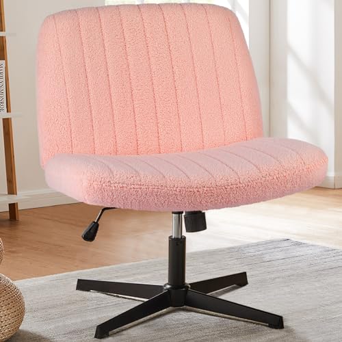 edx Criss Cross Chair,Armless Legged Office Desk Chair No Wheels,Teddy Fabric Padded Wide Seat Modern Swivel Height Adjustable Mid Back Computer Task Vanity Chair for Home Office,Pink