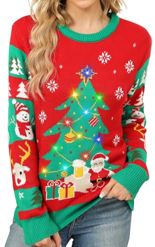 Ugly Sweater Christmas Women 2023 LED Light Up Christmas Tree Funny Ugly Funny Christmas Party Sweaters for Womens Red Large