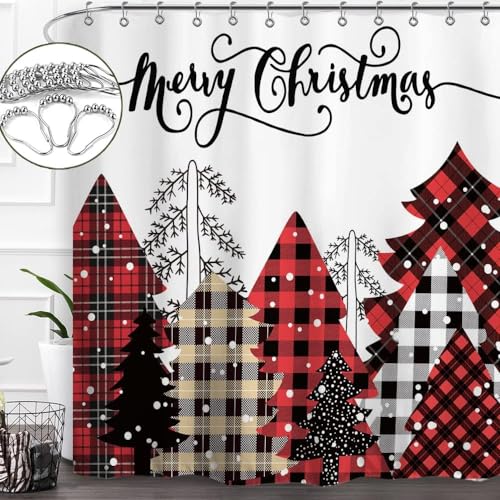 Baccessor Merry Christmas Shower Curtain Red Buffalo Plaid Christmas Tree Snowy Forest Farmhouse Bathroom Shower Curtain with Hooks 72x72 Inch Waterproof Washable