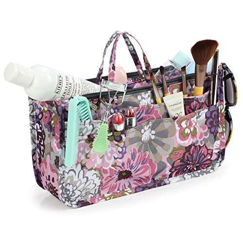 Cosmetic Bag for Women Cute Printing 14 Pockets Expandable Makeup Organizer Purse with Handles (Peony)