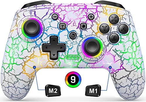Switch Controller, Gammeefy Wireless Switch Pro Controller for Nintendo Switch/Lite/OLED, 9 Color Adjustable LED Switch Remote Compatible with Windows PC/Android/IOS/Xbox 360 with Programmable (White)