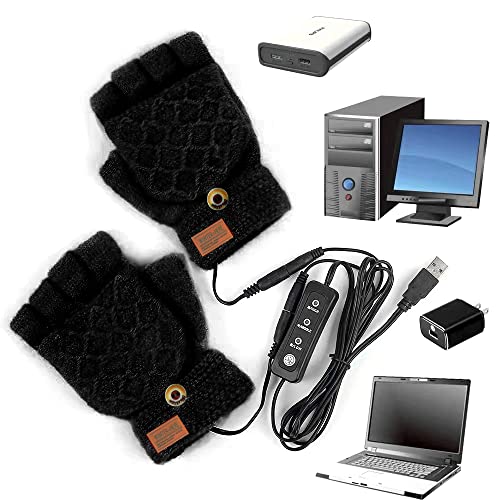 USB Heated Gloves Adjustable Temperature 3 Settings, Full & Half Fingers Warmer Laptop Winter Gloves Knitting Mittens for Women Men Girls Boys (Black)