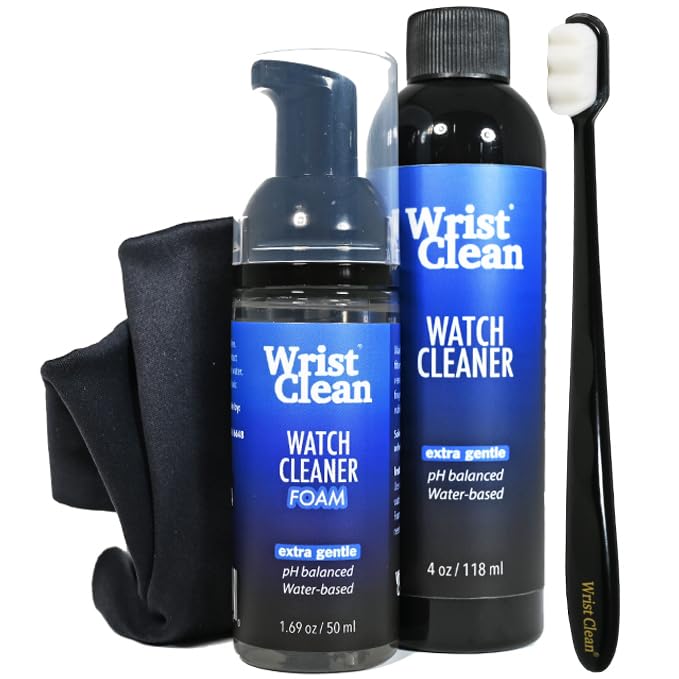 WRISTCLEAN Deluxe Watch Cleaning Kit | Watch Cleaner 50ML Foam & 4oz Refill | Includes 2 x 10' x 10' Large Watch & Jewelry Cleaner Cloth, Soft Watch & Jewelry Cleaning Brush