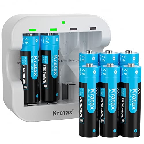 Kratax Rechargeable Lithium AA Batteries 8 Pack 1.5V 3500mWh Li-ion Rechargeable Batteries with 2H Battery Charger, 1600 Cycles Long-Lasting, Constant Voltage Output for Xbox Controller, Electric Toy