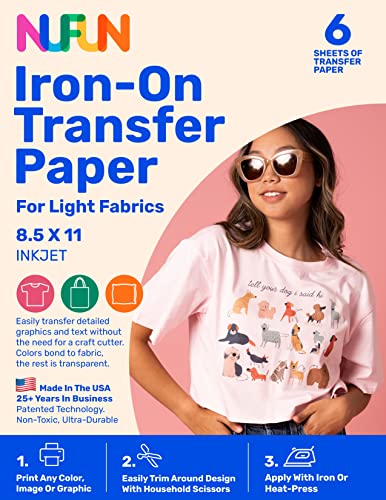 NuFun Activities Printable Iron-on Heat Transfer Paper for T Shirts, Light Fabrics, 6 Sheets 8.5 x 11 inch, Long Lasting, Durable, Professional Quality, Easy DIY, Non-Toxic, Made in The USA