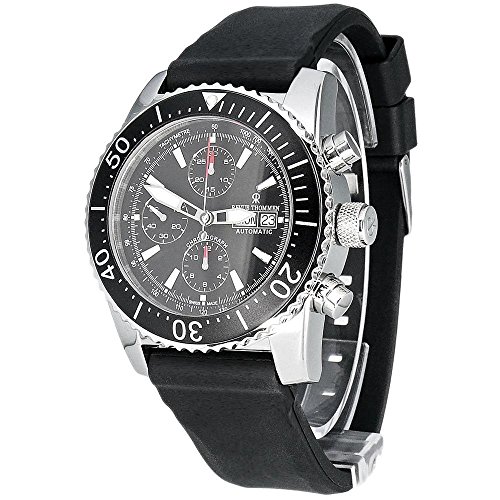 Revue Thommen Diver Automatic Watch - Black Dial Chronograph Day Date Watch Mens - Black Rubber Band Swiss Professional Dive Watch 17030.6534