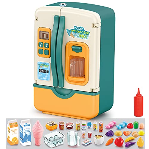Kitchen Toys Fridge Refrigerator with Ice Dispenser Pretend Play Appliance for Kids, Play Kitchen Set with Kitchen Playset Accessories for Boys & Girls Music and Light