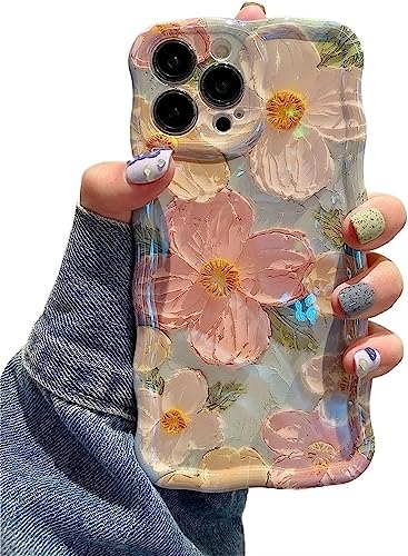 EYZUTAK Case for iPhone 15 Pro, Colorful Retro Oil Painting Printed Flower Laser Glossy Pattern Cute Curly Waves Border Exquisite Phone Cover Stylish Durable TPU Protective Case for Girls Women -Green