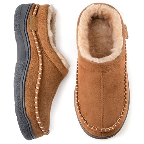 Zigzagger Men's Slip On Moccasin Slippers, Indoor/Outdoor Warm Fuzzy Comfy House Shoes, Fluffy Wide Loafer Slippers,Tan, 11-12 D(M) US