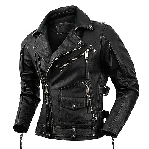 IraYz Men's Spring Autumn Casual Motorcycle Slim Fit Cowhide Riding Outdoor Jacket Black XX-Large