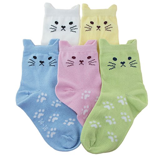 T.H.L.S Tandi Kids Girls Cotton Novelty Cats Crew No Seam Socks - Shoe Size 12-2(8-10 years)- Multicoloured (5 Pair)