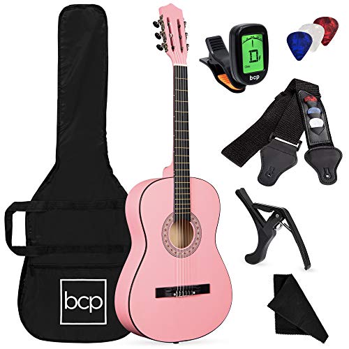 Best Choice Products 38in Beginner All Wood Acoustic Guitar Starter Kit w/Gig Bag, Digital Tuner, 6 Celluloid Picks, Nylon Strings, Capo, Cloth, Strap w/Pick Holder - Pink