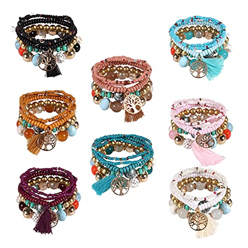 Twinfree Stackable Bracelets Set for Women, Bohemian Boho Stretch Multilayer Colorful Stack Beads Bracelet, Girl Hippie Stretchy Beaded Tassel Handmade Peace Tree of Life Charm Ladies 8 Pack